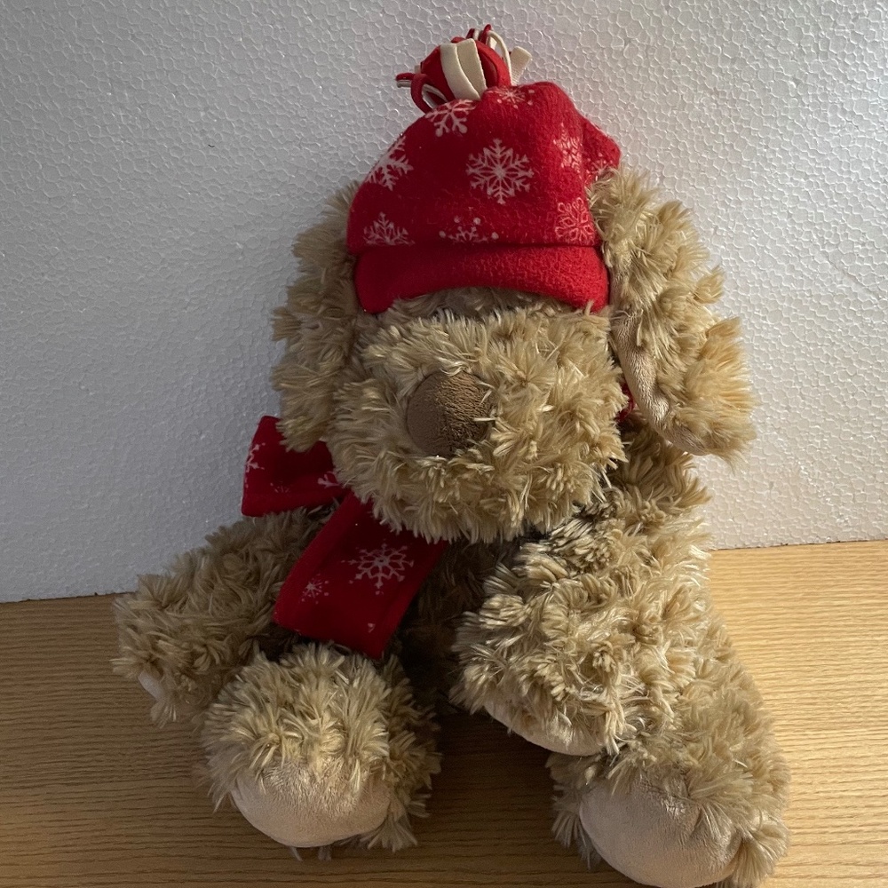 Fashion Bug Plush Shaggy Puppy Dog w Red Scarf & Hat Floppy Lay Flat 15” inch